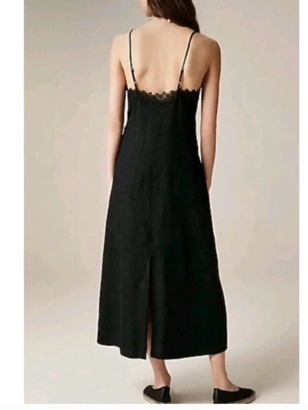 J. Crew Black Lace Trim Slip Dress Linen Midi Length 4